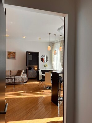 スーペリア アパートメント 別館 | リビング エリア | 101 cmの液晶テレビ (衛星放送視聴可)、テレビ、書庫