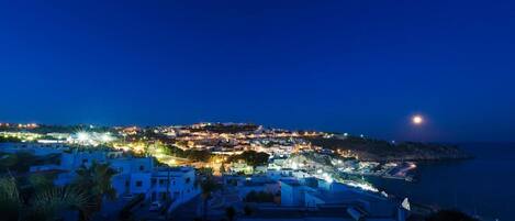 A coastal town at night with illuminated buildings and a visible moon.