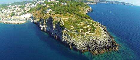 An aerial view of a coastal island with a fortified structure, clear blue waters, and a developed town in the background.