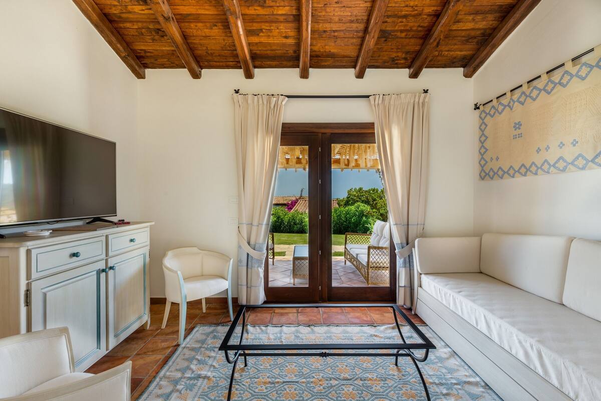 A room with a wooden ceiling, a TV on a cabinet, a sofa, a chair, a patterned rug, and a view through a glass door to an outdoor area with a table and chairs.