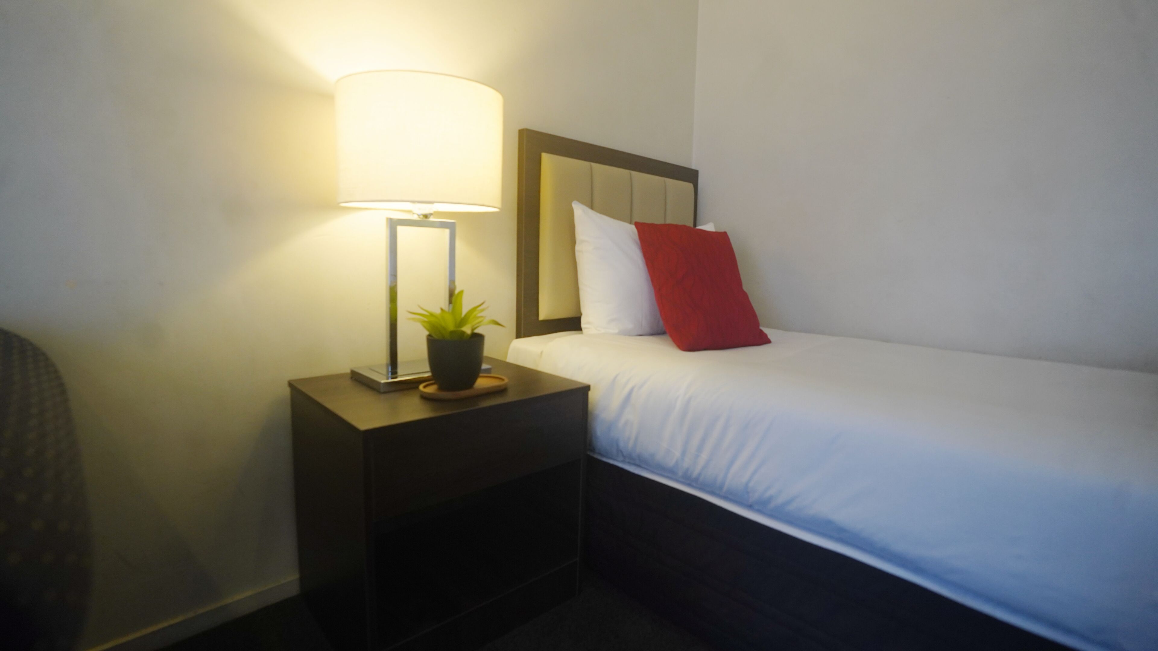 A neatly made bed with white bedding and a red pillow, a bedside table with a lamp and a small potted plant, and a dark nightstand.