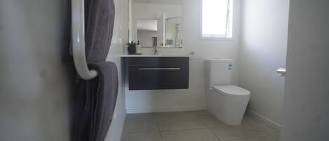 A bathroom with a toilet, sink, and mirror.