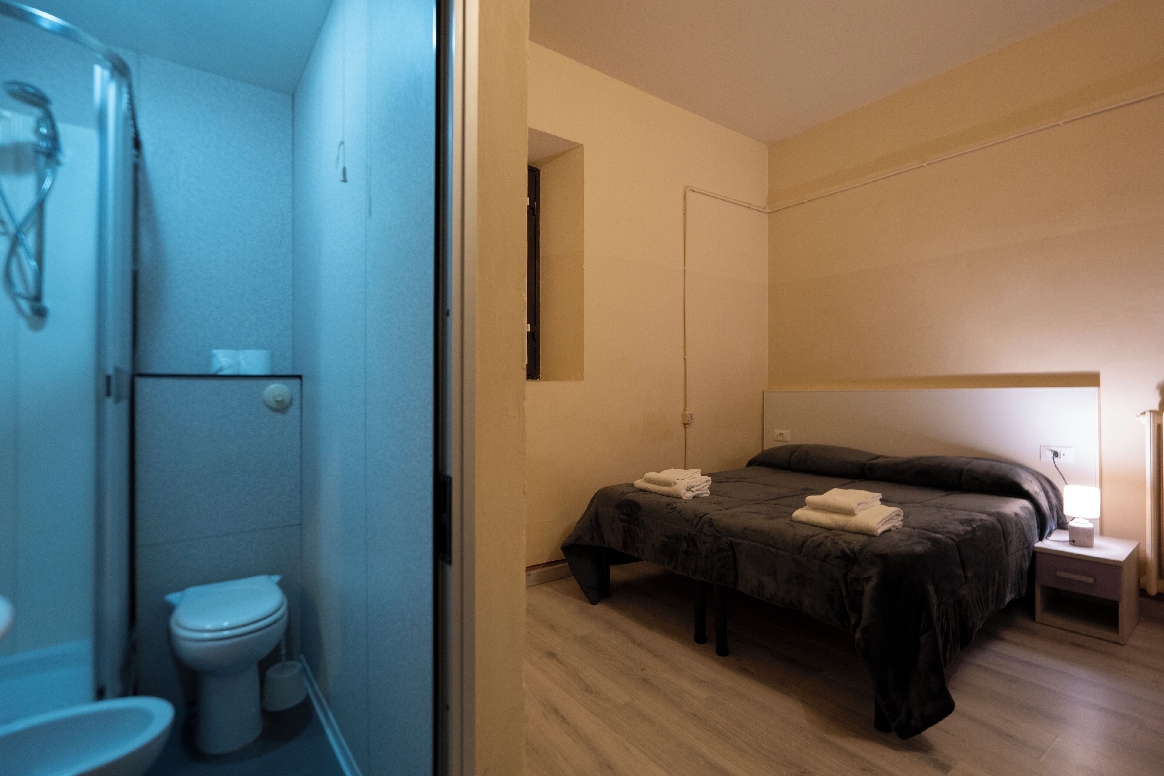 Habitación de hotel moderna con ducha, inodoro, cama y mesita de noche.