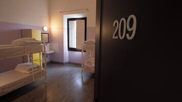 Una habitación con literas, un lavamanos y una puerta con el número 209.