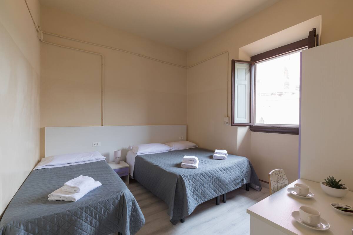 A hotel room with two single beds, a small table with a plant, and a window with a view.