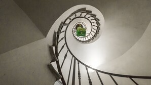 A spiral staircase with a central column and a green object at the top. - Casa de' Fiori Biscione (Rome)