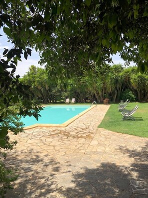 Seasonal outdoor pool, pool umbrellas, pool loungers