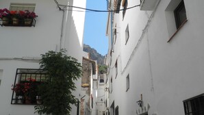 A narrow street with white buildings, a visible mountain in the background, and some greenery. - Juan Francisco (Guejar Sierra)