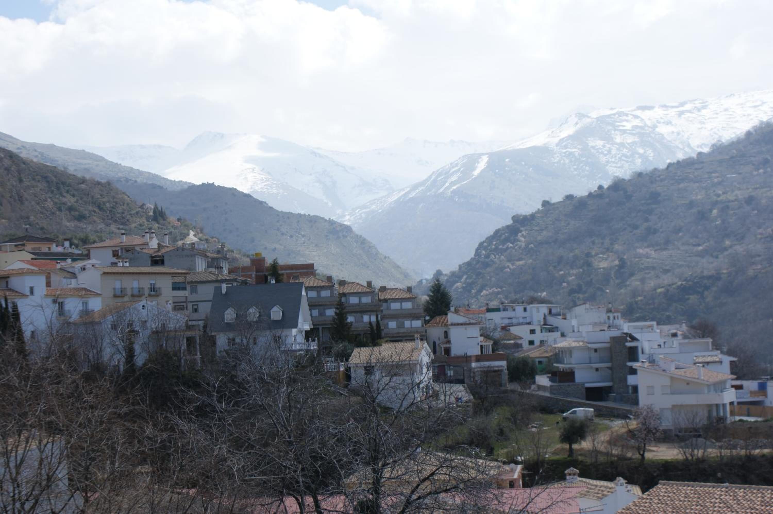 Un barrio residencial con casas en una ladera, rodeado de montañas.