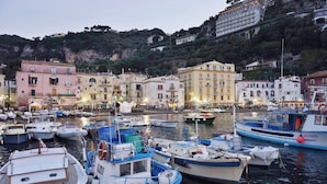 A marina with boats docked, buildings with balconies, and a hillside in the background. - Blurooms (Sorrento)