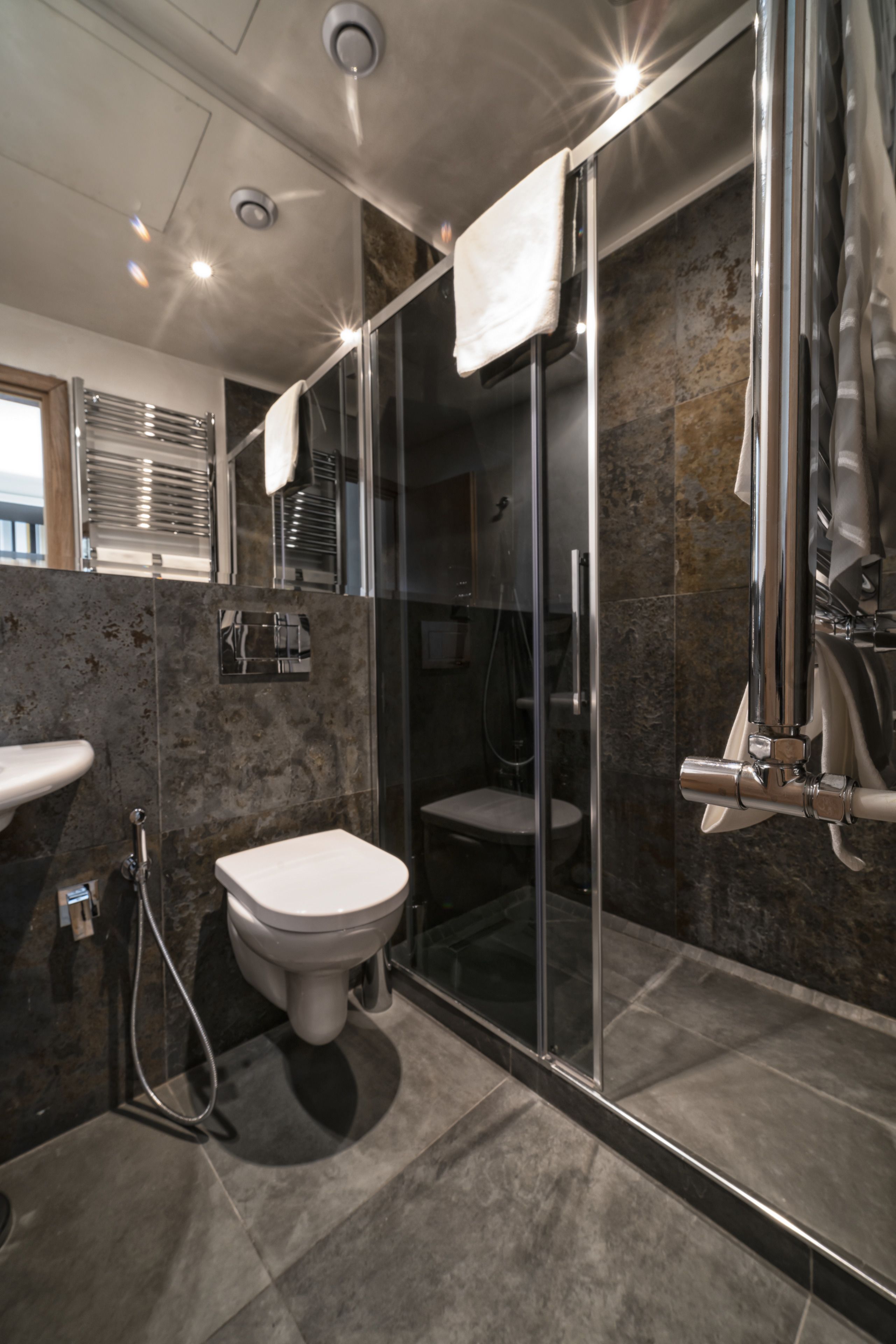 A modern bathroom with a glass-enclosed shower, a toilet, and a sink.