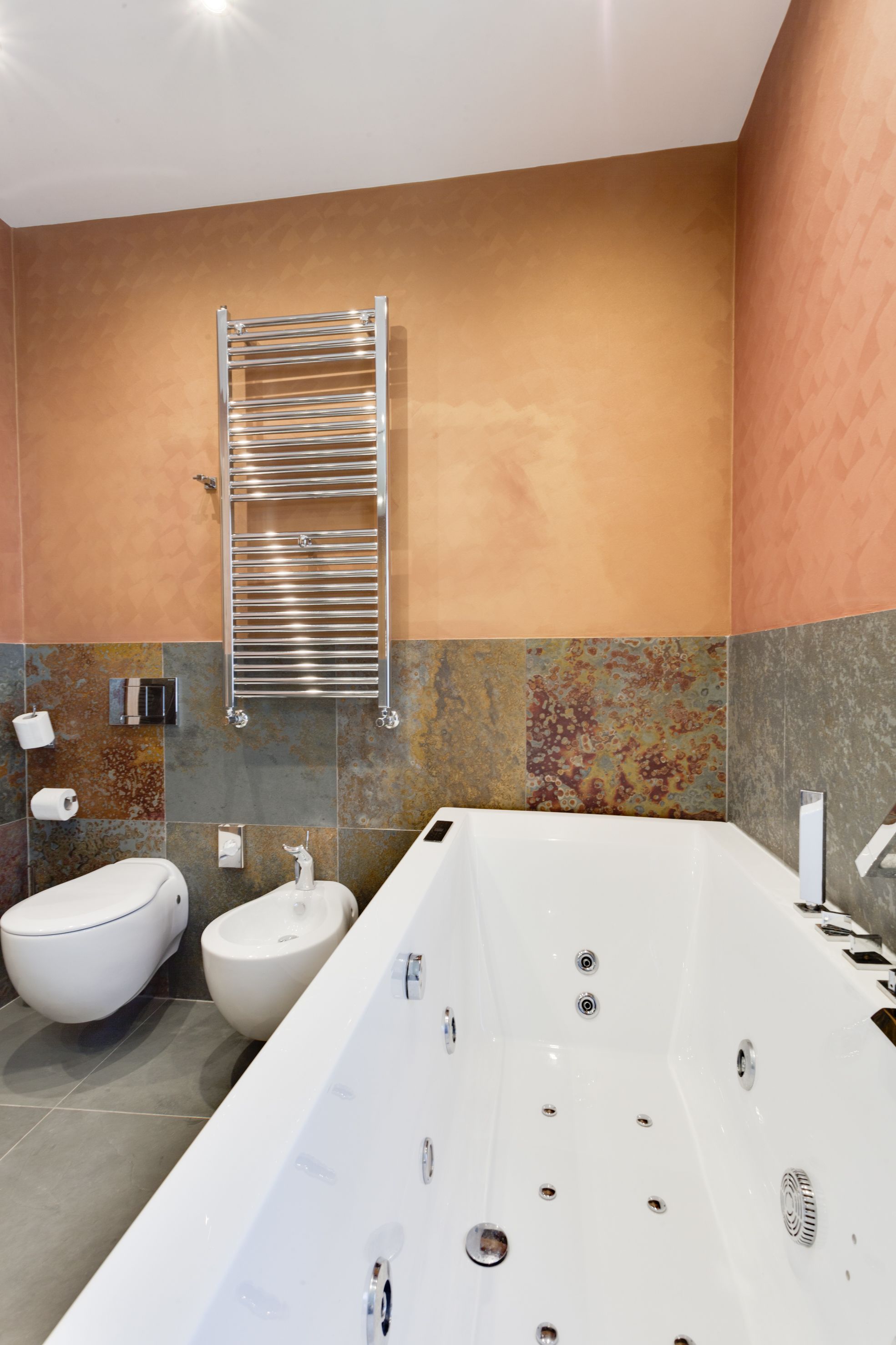 Un baño moderno con una bañera grande, un inodoro separado y un bidé.