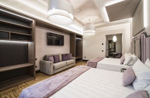 A modern hotel room with two beds, a sofa, a TV, and built-in storage.