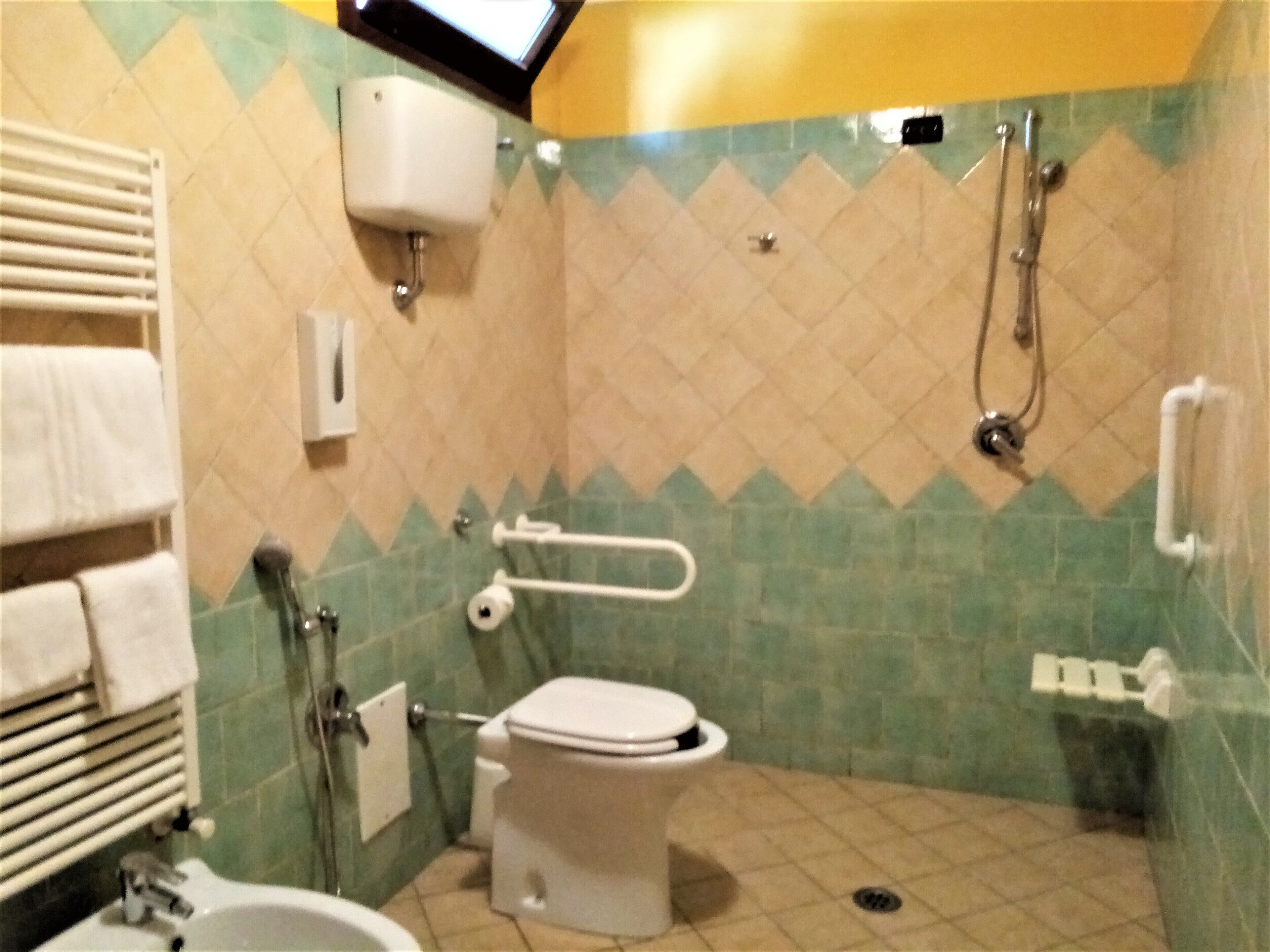 Une salle de bain équipée de toilettes, d’un lavabo, d’une douche et d’un sèche-mains.