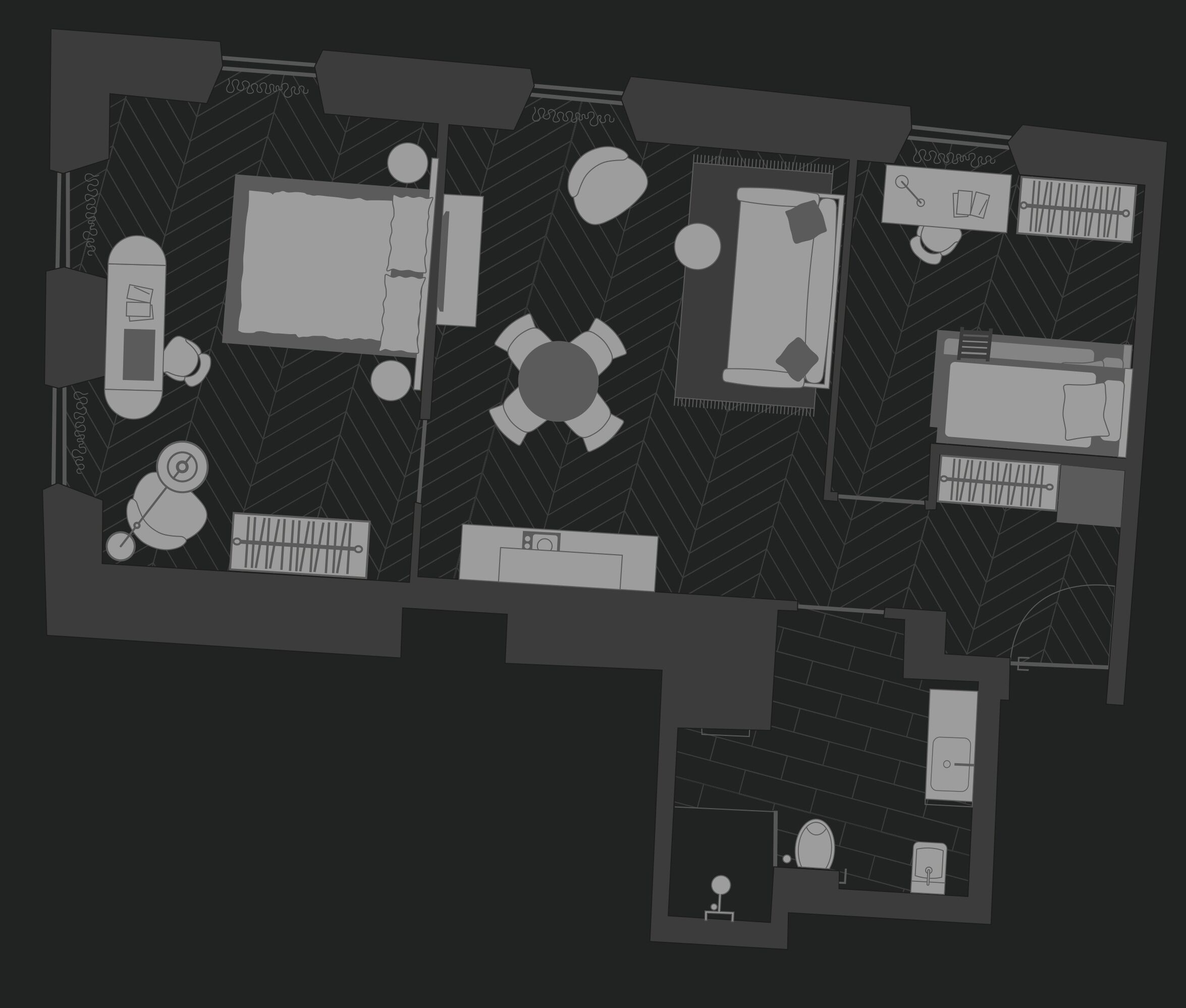 A hotel layout with a central dining area, multiple bedrooms, a bathroom, and a kitchenette.
