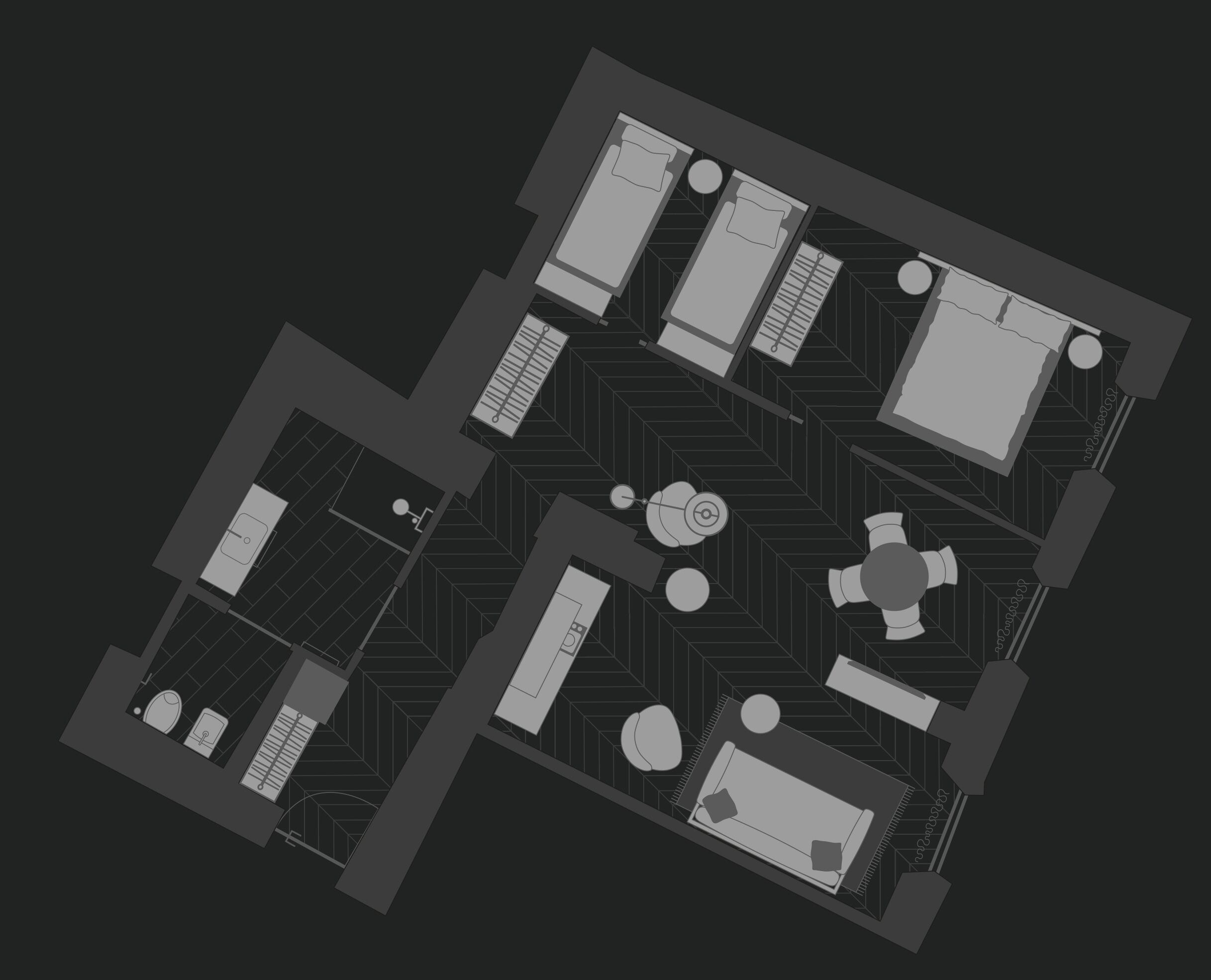 Un hôtel comprenant plusieurs chambres, un espace repas et une salle de bain.