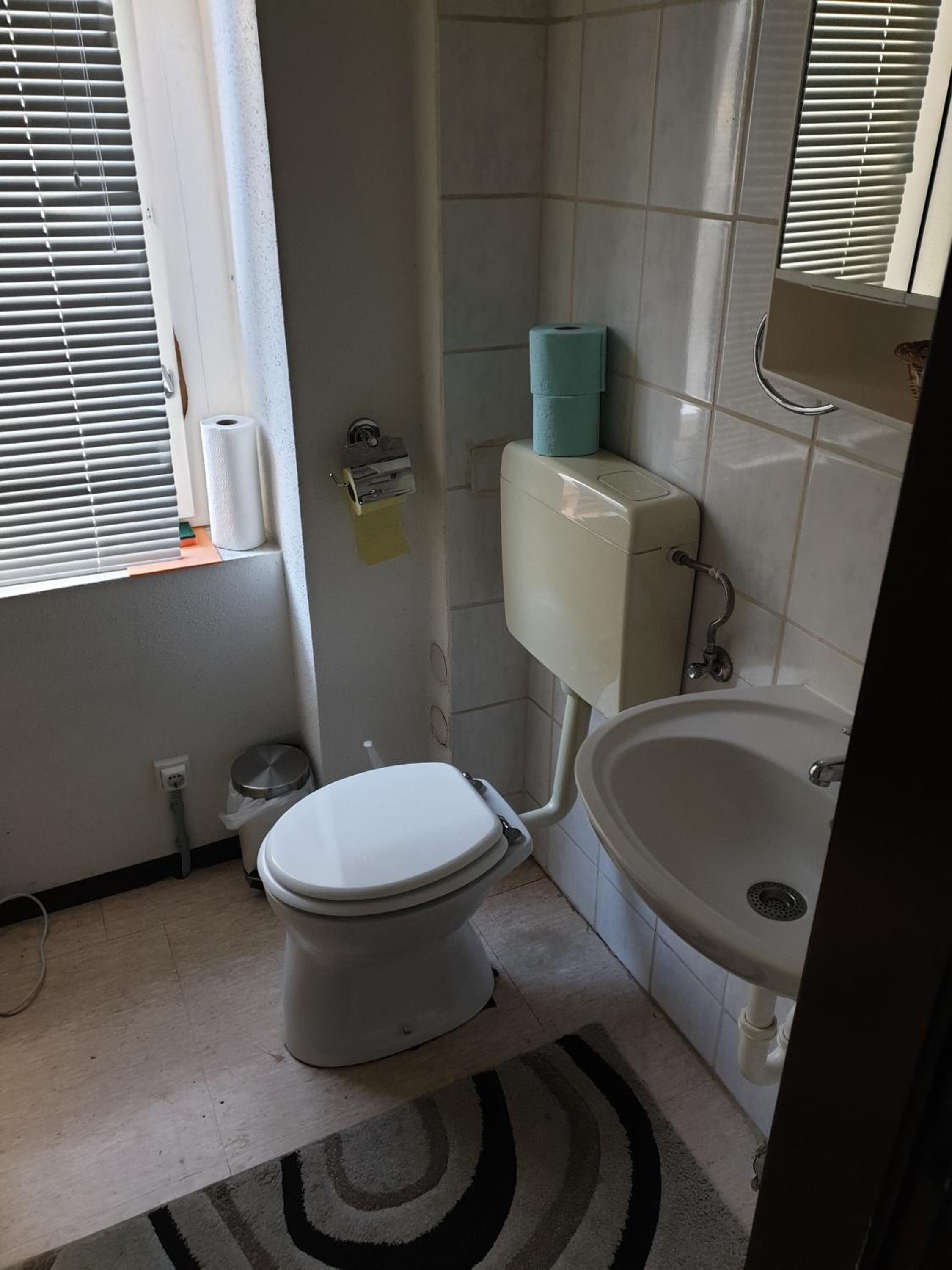 Un bagno piccolo con il water, un lavandino e una finestra con persiane.