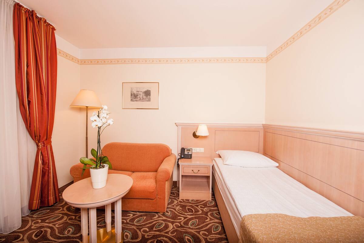 Une chambre d’hôtel avec un lit, une petite table avec une lampe et une plante en pot, une chaise et une table de chevet avec un téléphone.
