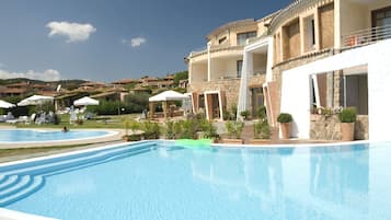 Inomhuspool och utomhuspool, öppettider: 09.00 till 19.00, och solstolar