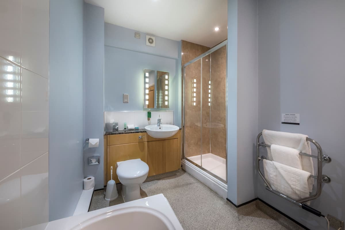 deluxe double room | bathroom | free toiletries, hair dryer, towels, soap