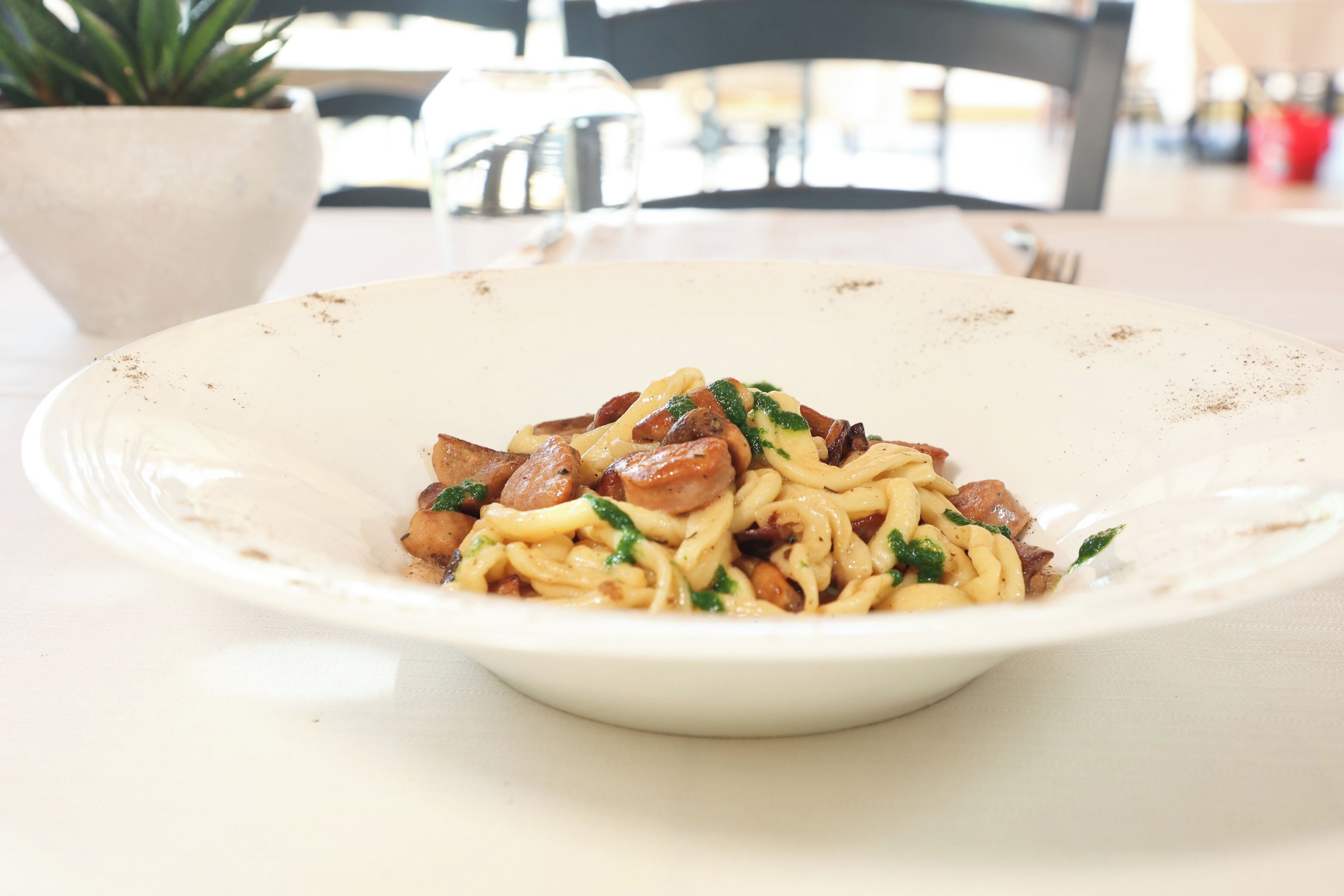 A white plate with pasta and sausage, a potted plant, and a blurred background with a chair and table.