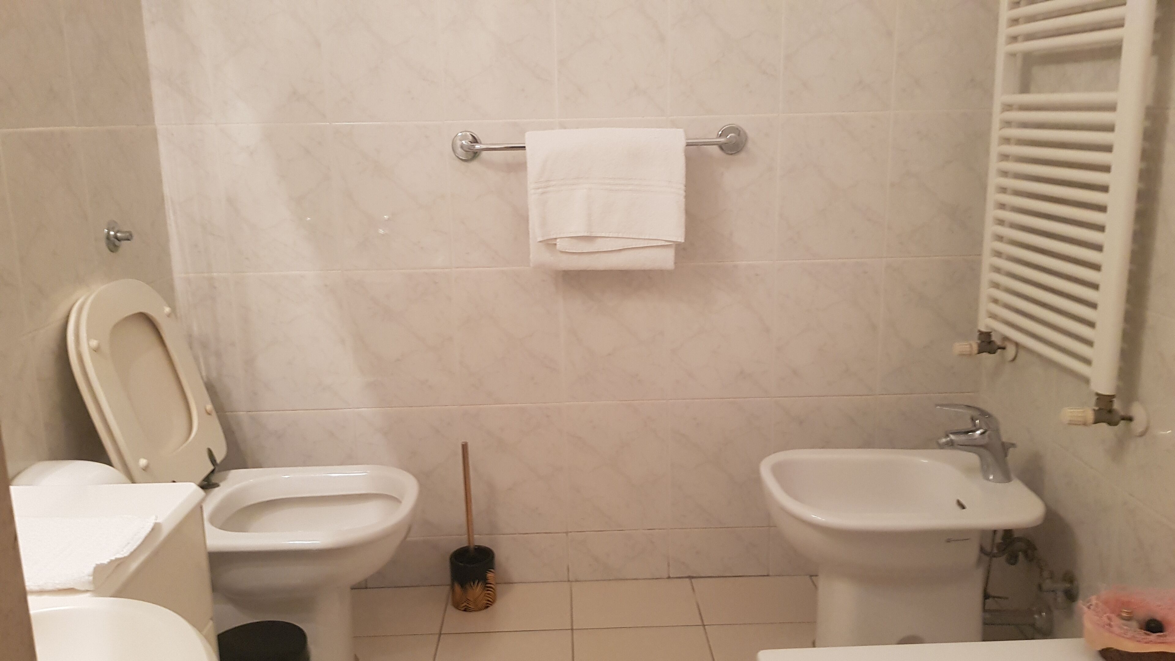 A bathroom with two toilets, a bidet, a sink, a towel rack, and a showerhead.