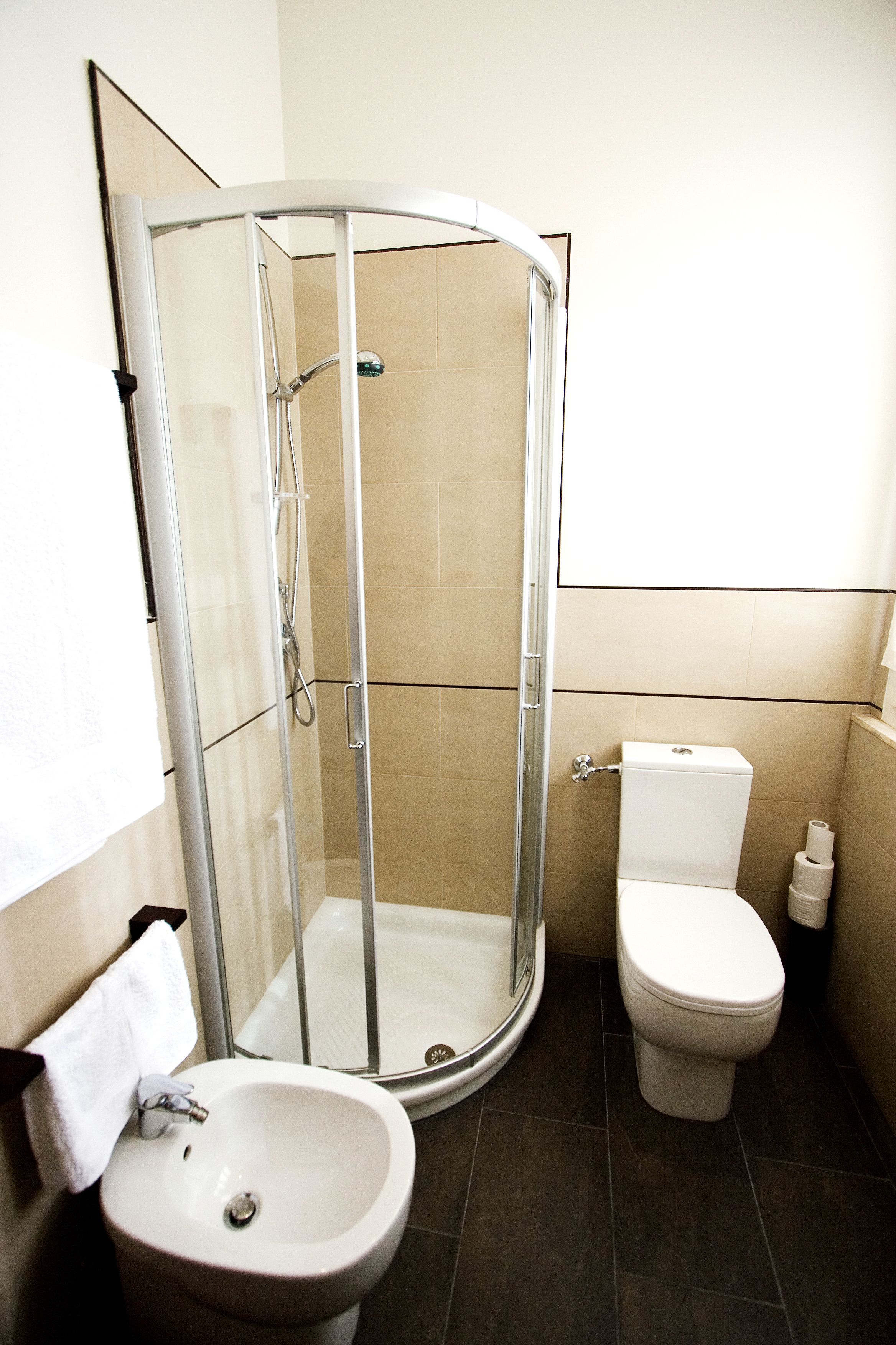 Een badkamer met een douche met glazen wand, een wastafel en een toilet.