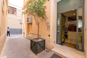 A narrow alley with a tree planter and a building entrance.
