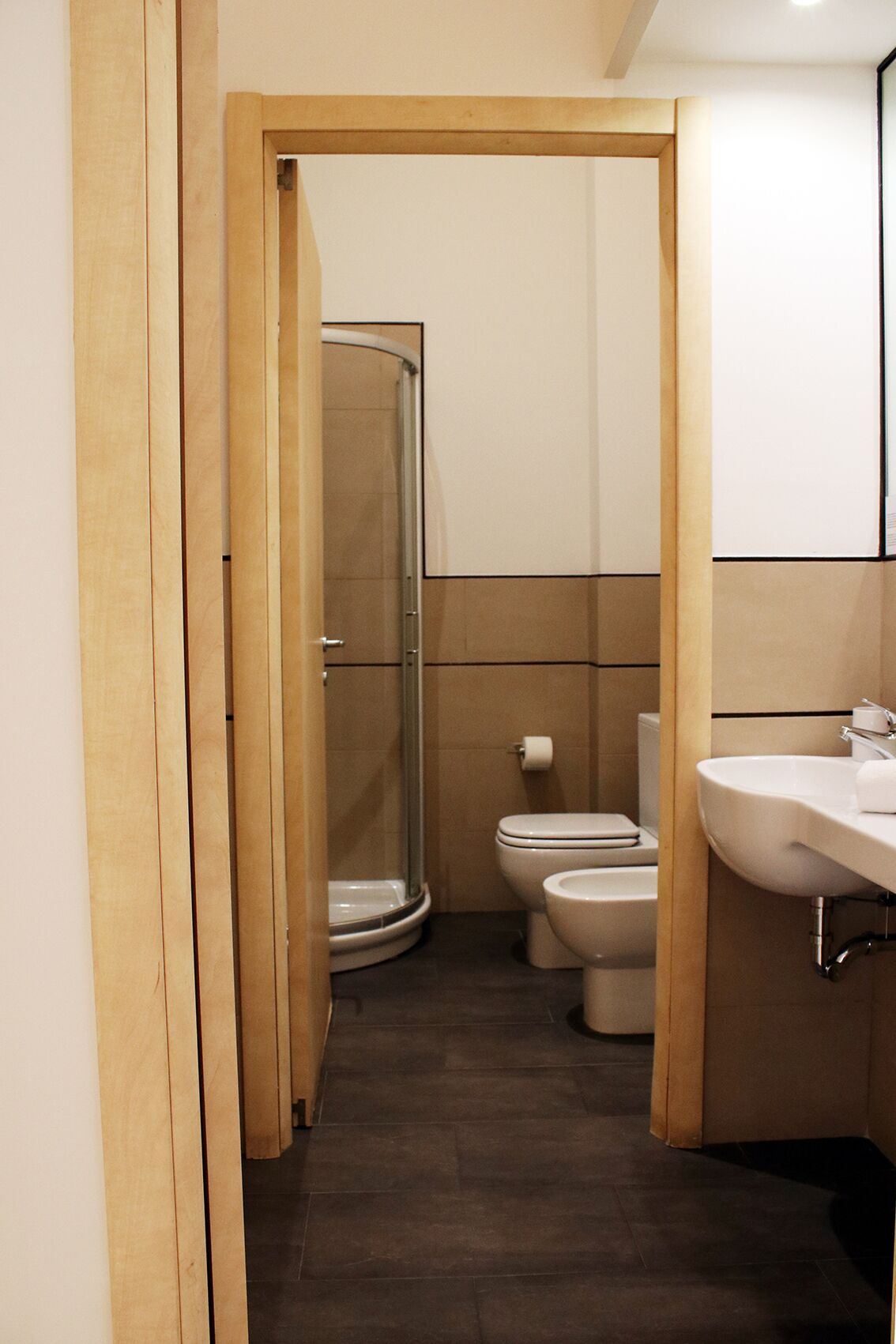 Une salle de bain avec douche, toilettes et lavabo.