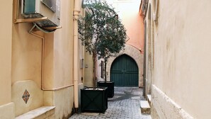 A narrow alleyway with tiled pavement, a tree, and a green door at the end. - Residence Arco Antico (Syracuse)