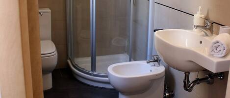 A modern bathroom with a glass-enclosed shower, a bidet, a toilet, and a sink with a mirror above it.