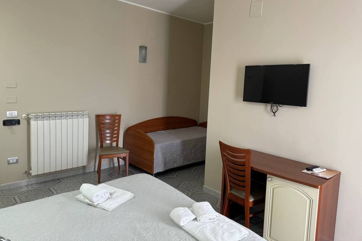 A hotel room with a bed, a desk, a chair, a television, and a radiator.