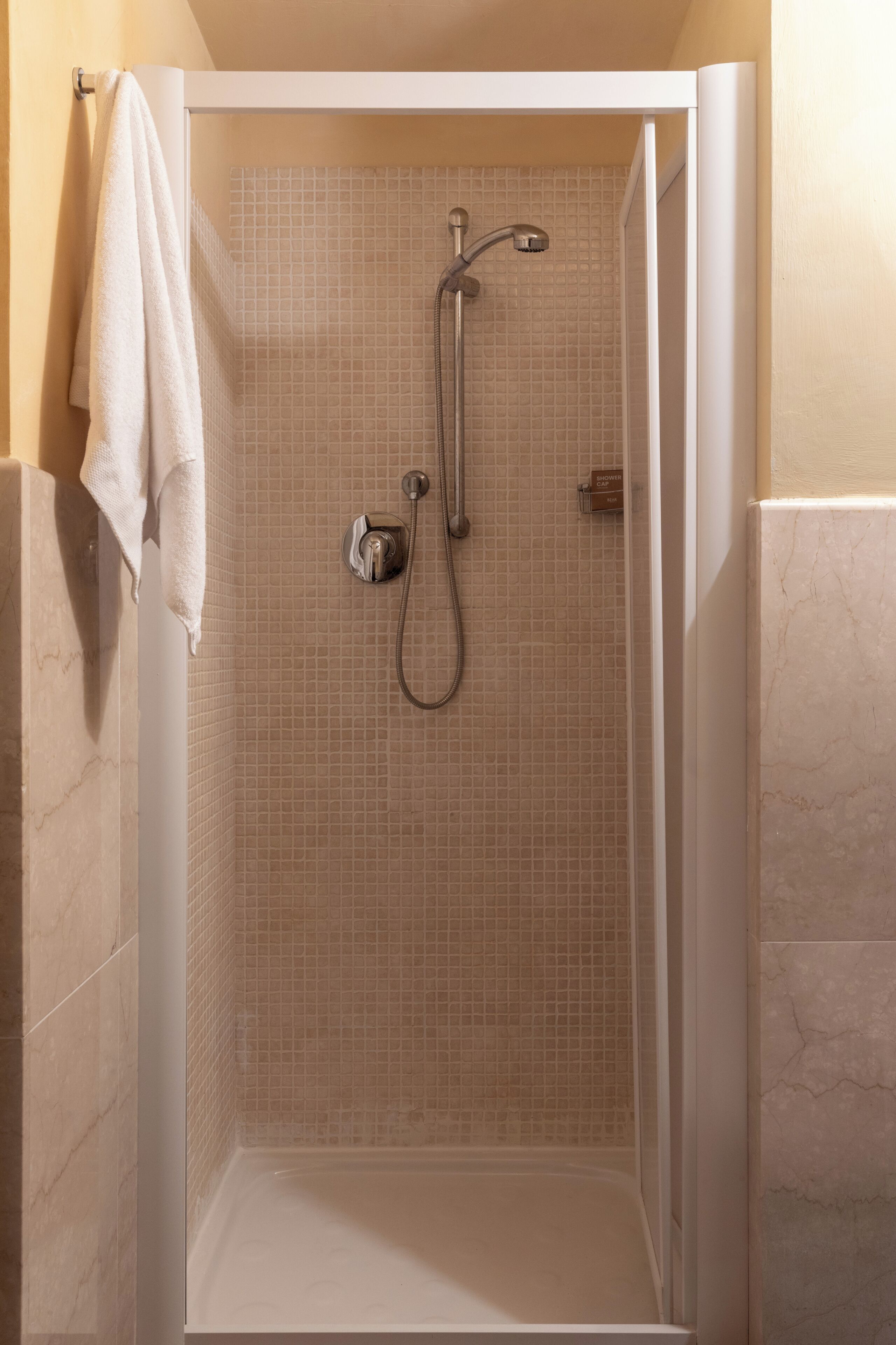 A walk-in shower with a tiled wall, a handheld showerhead, and a control panel.