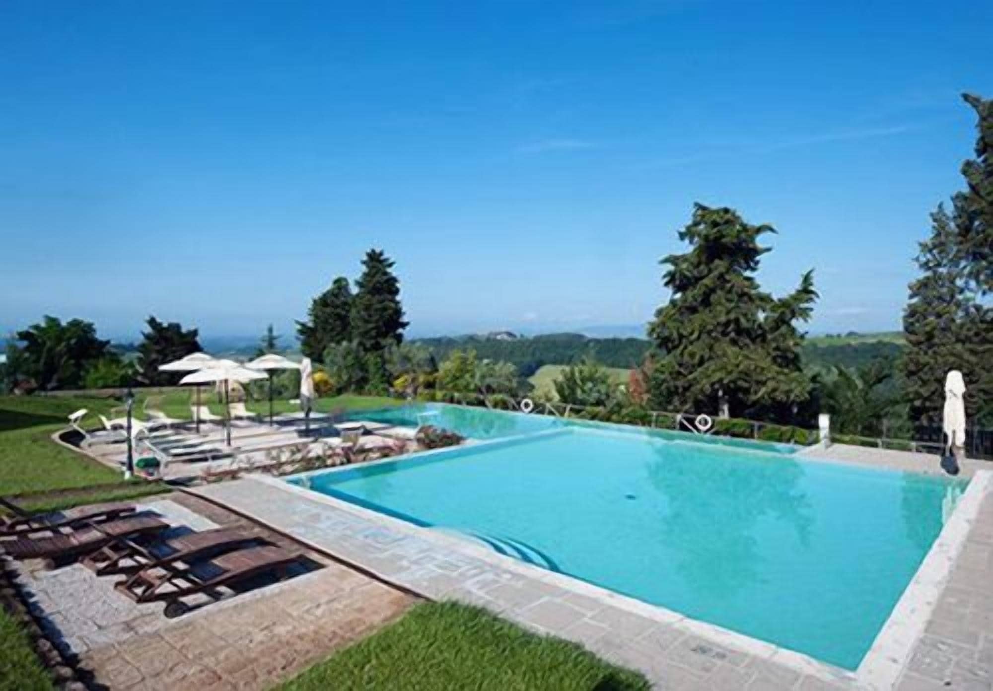 Una piscina rectangular con solárium de piedra, rodeada de césped y árboles.