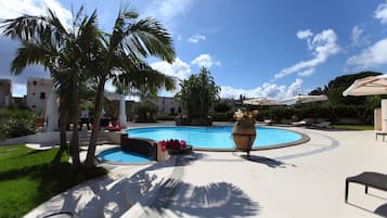 Seasonal outdoor pool, pool umbrellas, pool loungers