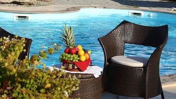 Seasonal outdoor pool, pool umbrellas, pool loungers