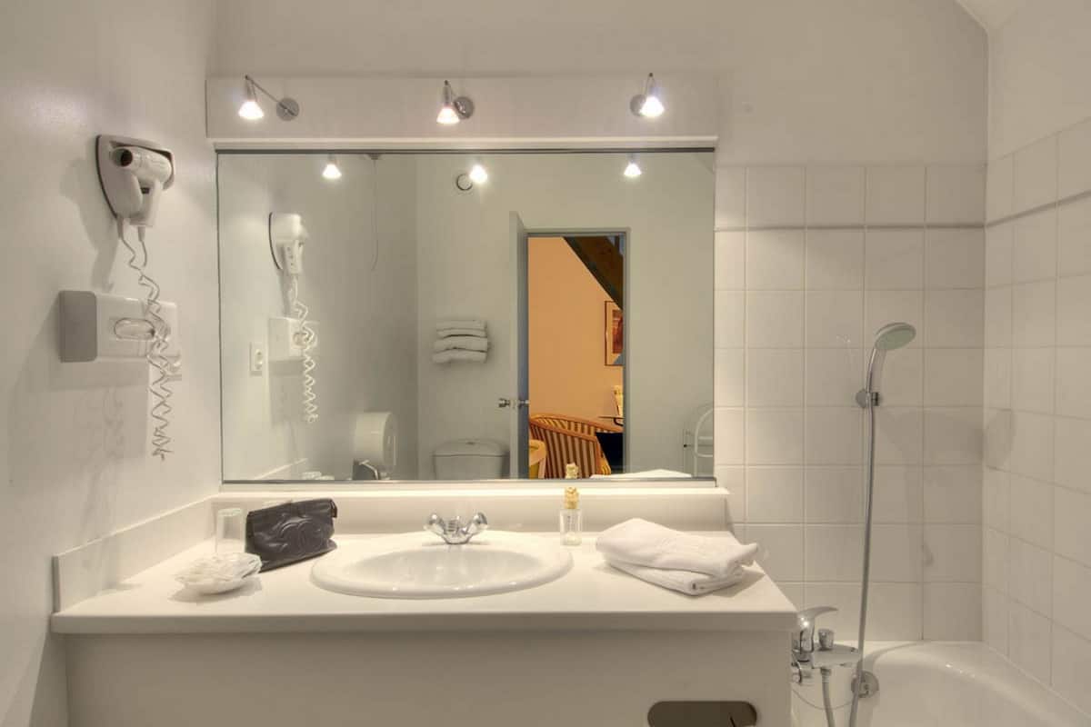 combined shower/bathtub, free toiletries, hair dryer, towels