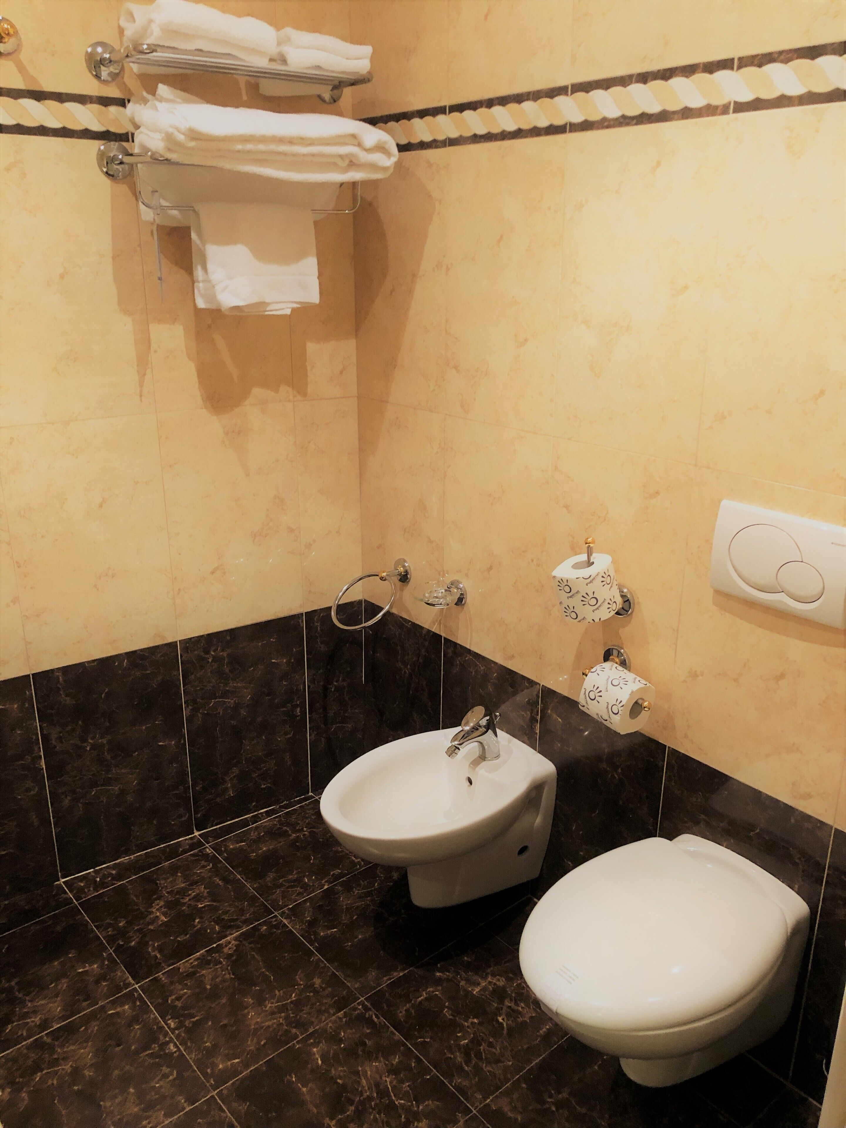 Un baño con lavamanos, inodoro y perchero para toallas.