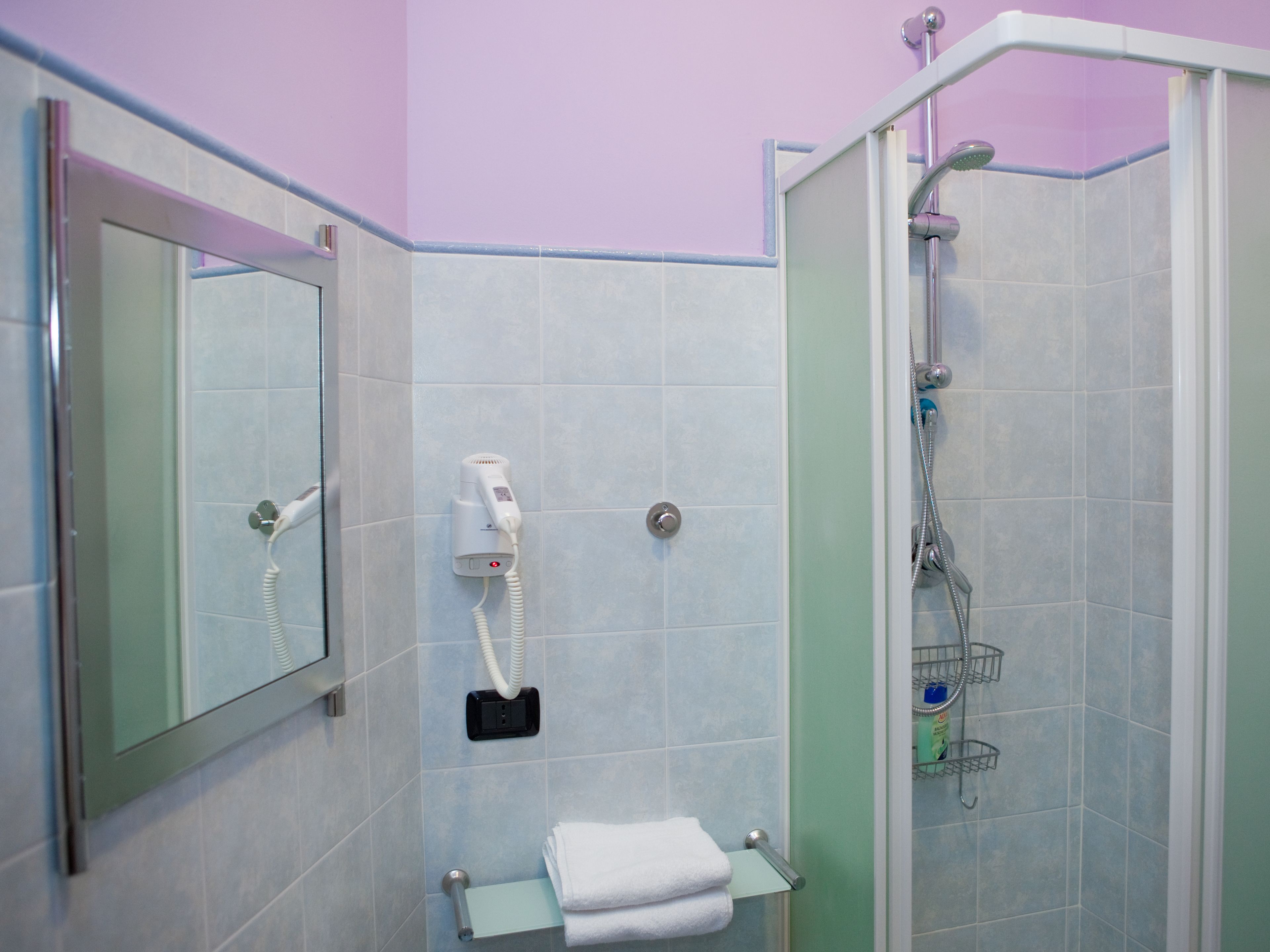 Un baño con ducha, secador de pelo y barra para toallas.