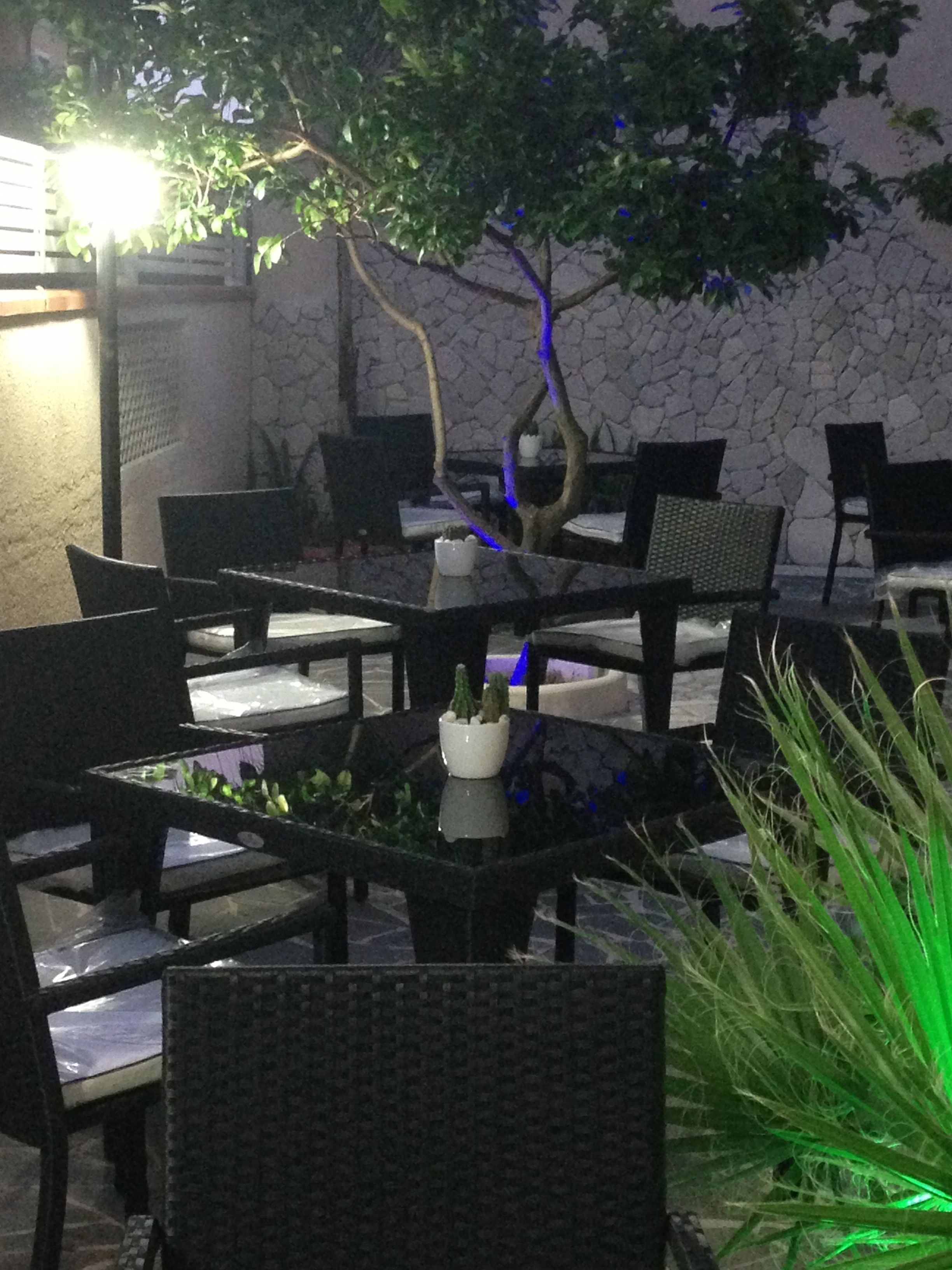 An outdoor seating area with tables and chairs, a potted plant, and a stone wall.