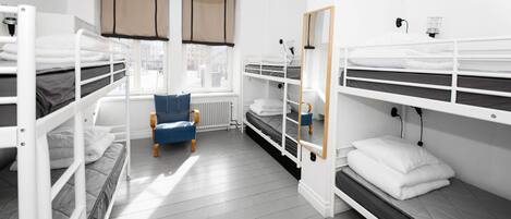 Un dormitorio con literas, una silla, un ventanal con persianas y un espejo.