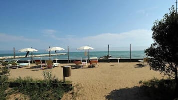 Plage privée, chaises longues, parasols, serviettes de plage