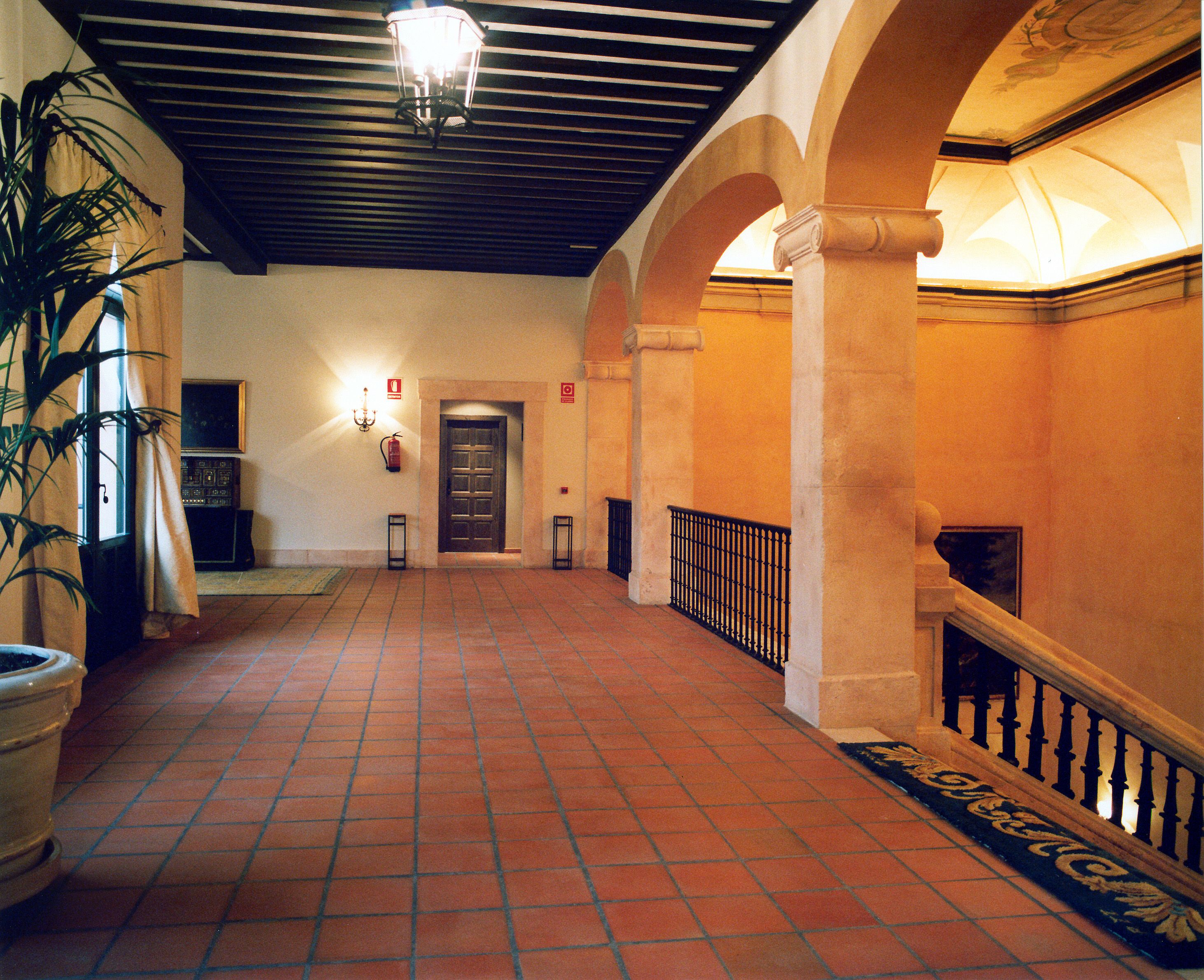 A hallway with a tiled floor, a potted plant, a fire extinguisher, and a door at the end.