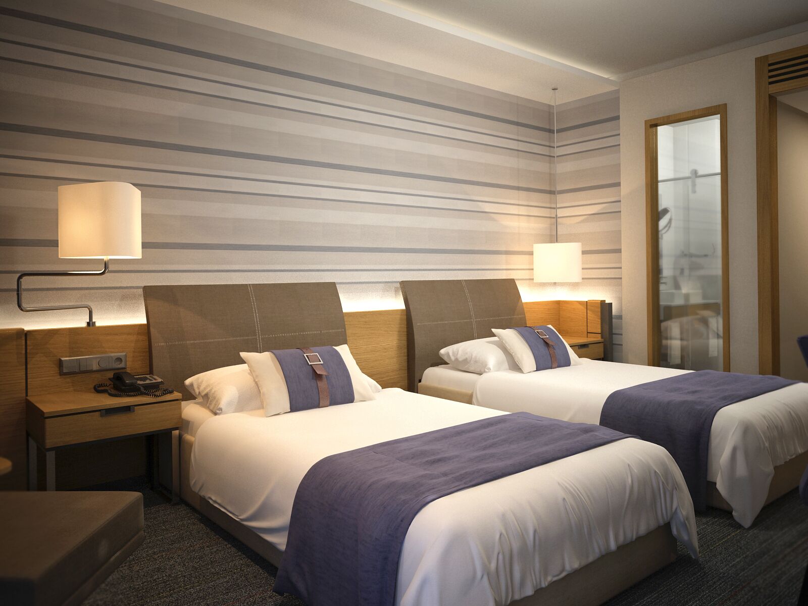 A hotel room with two beds, a desk, a chair, and a large window.