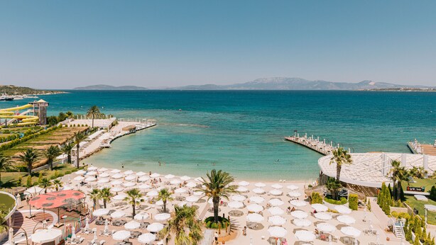 Een kustresort met strand, palmbomen en een waterpark.