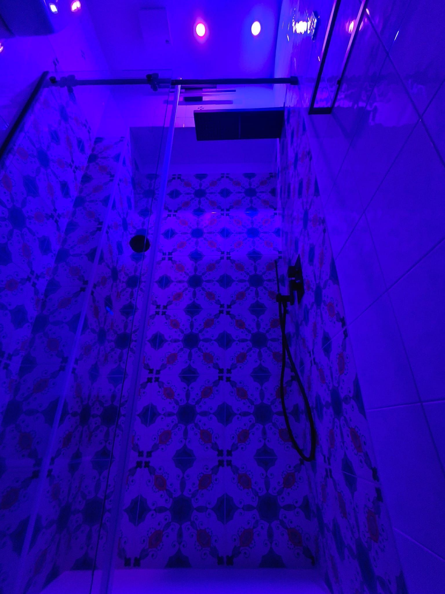 A bathroom with patterned tiles and a shower area.