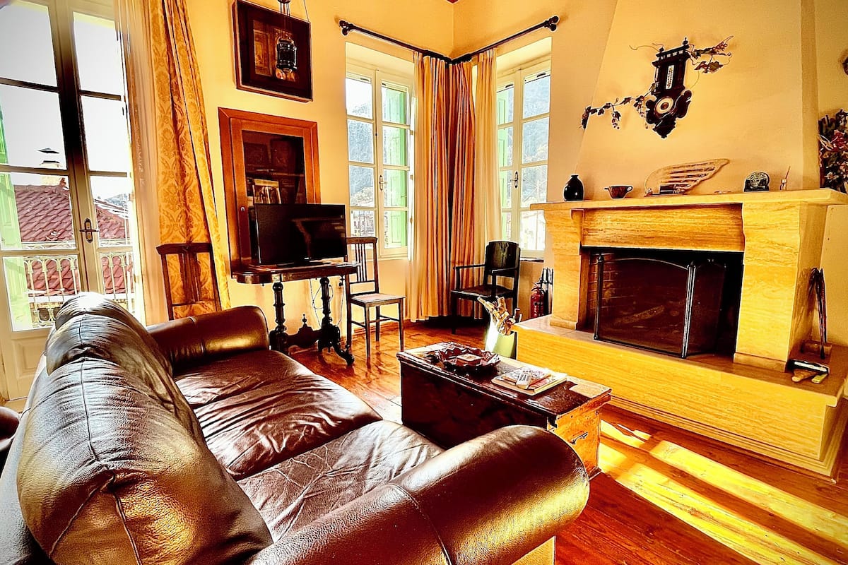 A living room with a leather sofa, a television, a fireplace, and large windows.