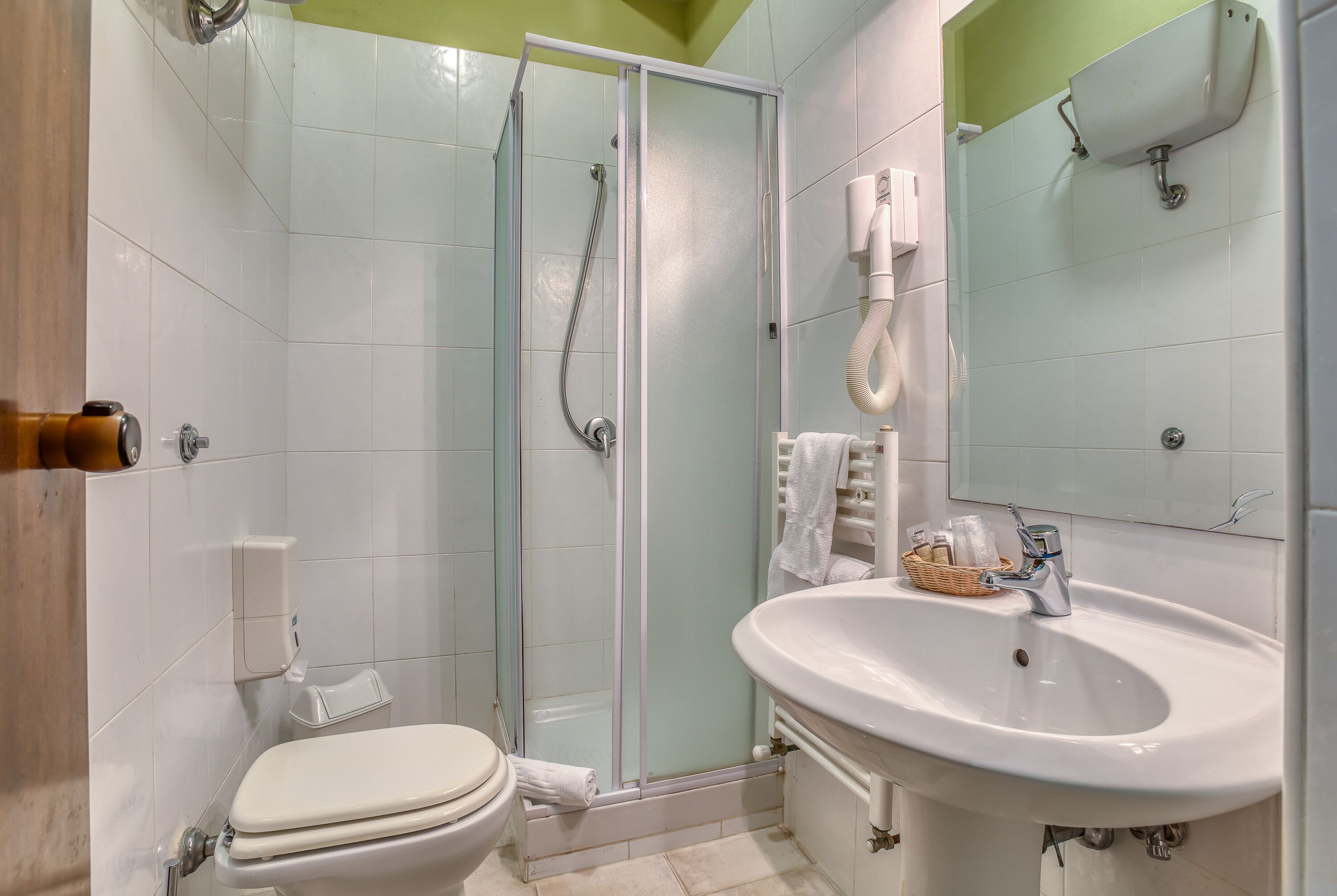 A bathroom with a toilet, a glass-enclosed shower, a sink, and a mirror.