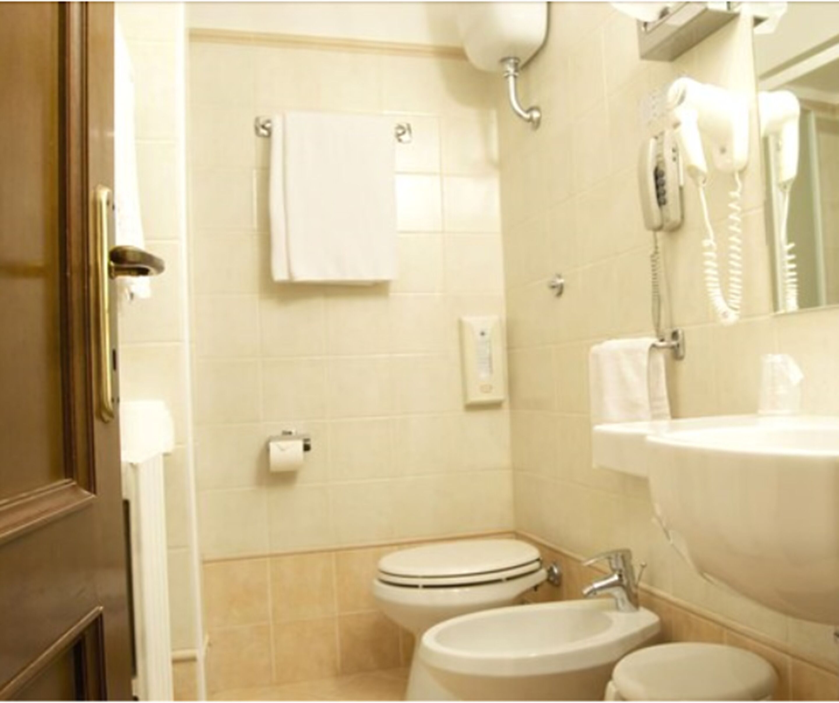 shower, hair dryer, bidet, towels