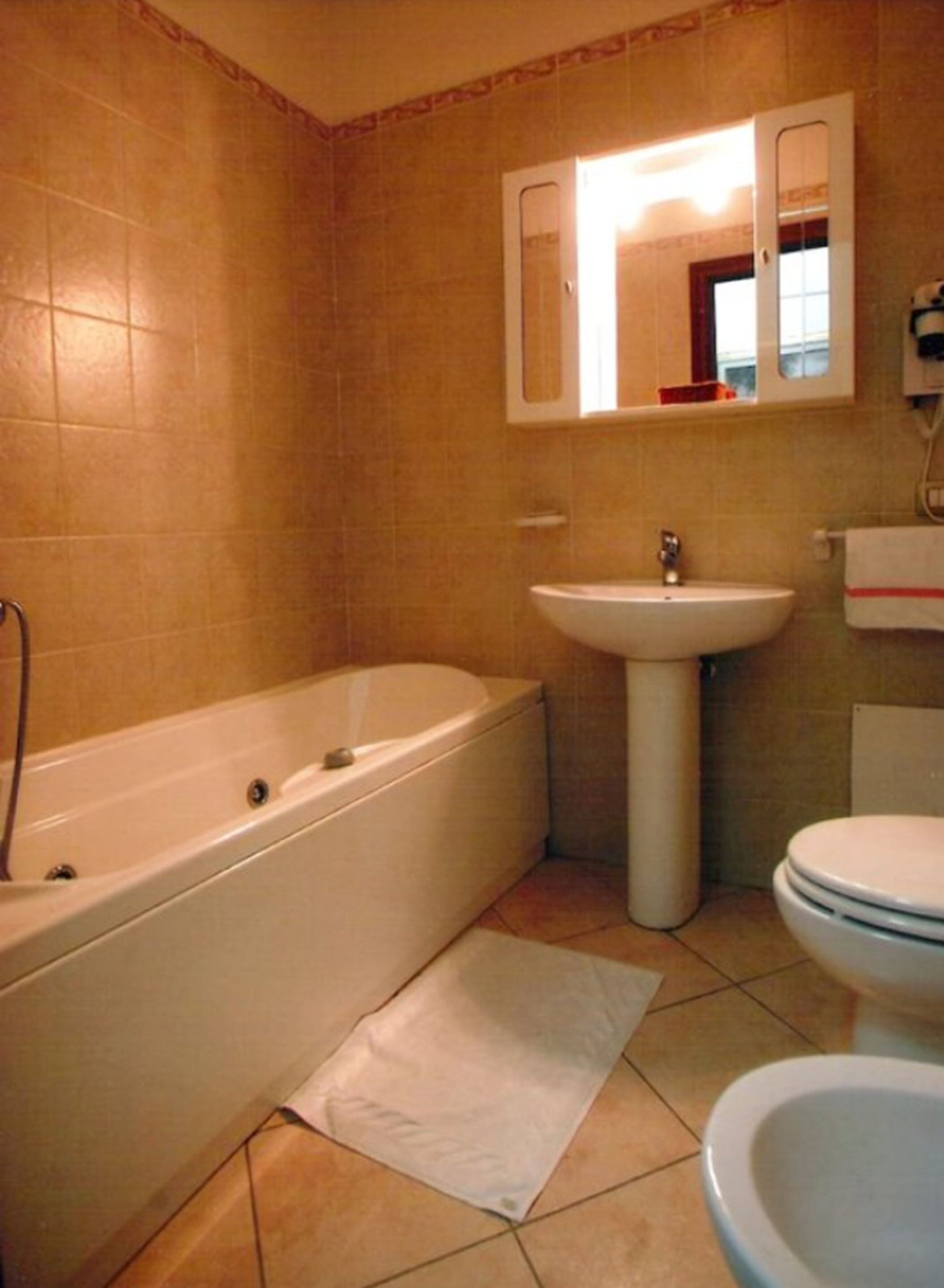 hair dryer, bidet, towels, soap